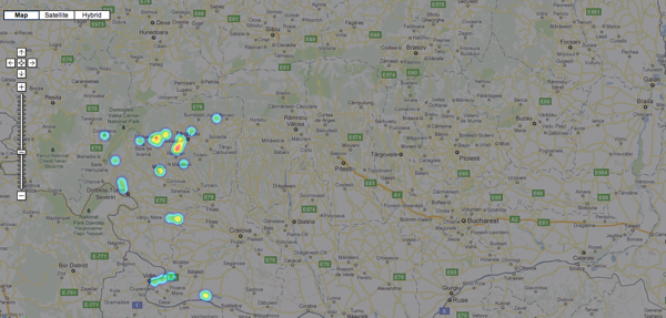 Heatmap cu satele aflate in proprietatea mănăstirii Tismana