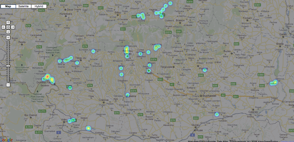 Heatmap cu satele atestate între 1350 și 1400