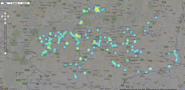 Heatmap cu satele atestate între 1450 și 1500